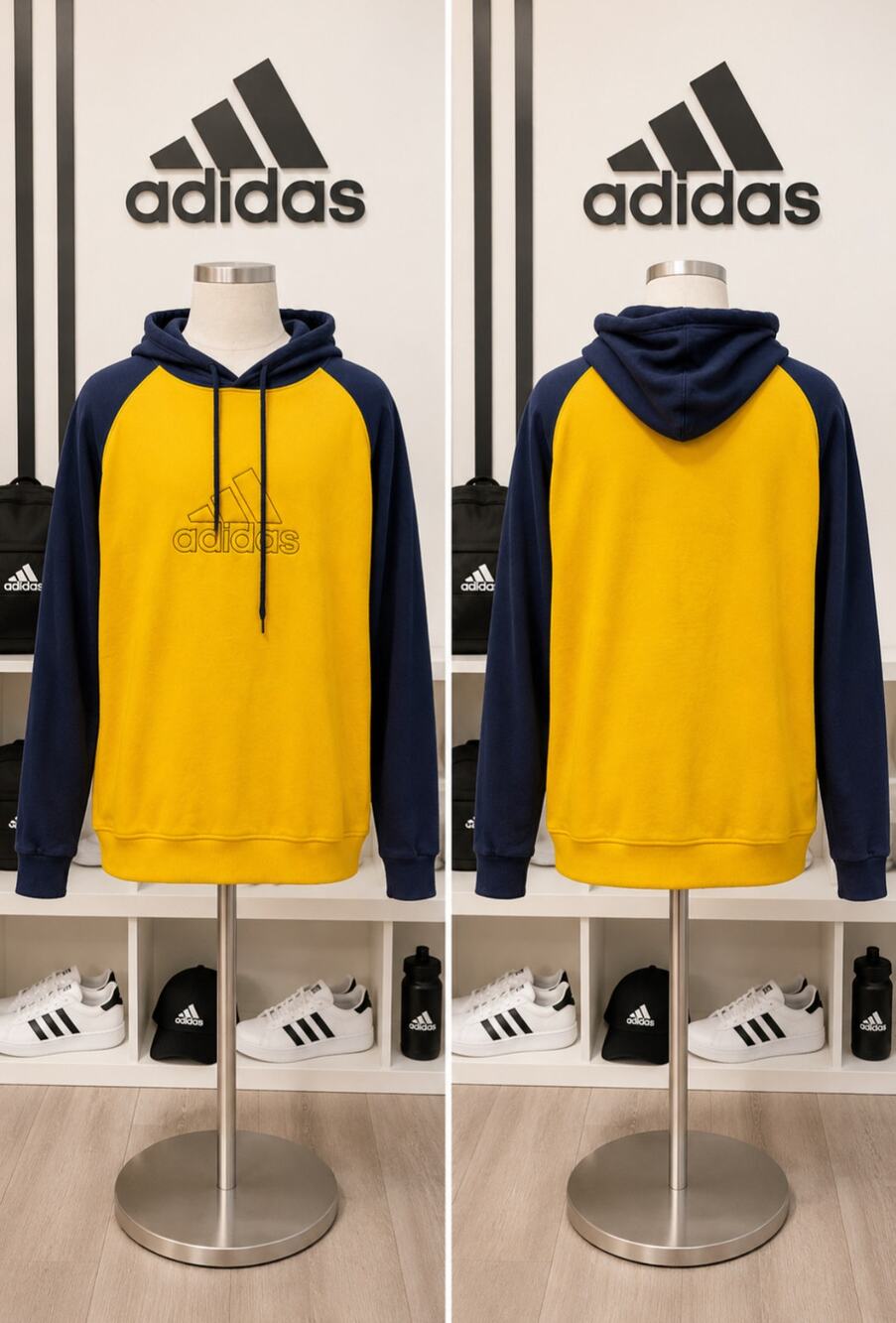 Adidas Yellow Navy Colorblock Pullover Hoodie Estimated 3XL